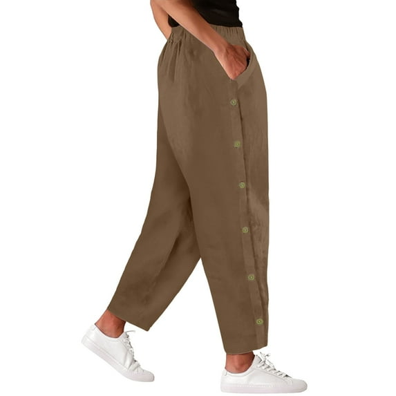 yunLCZ Women's Straight Leg Pants High Wa Women's Side Button Pockets Solid Color Mid Waist Cotton Linen Casual Slacks