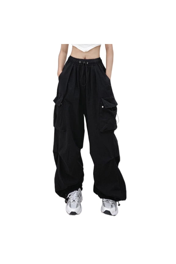Women's Straight Leg Pants High Wa Womens Baggy Cargo Pants Streetwear Hip Hop Joggers Sweatpants Drawstring Casual Loose Wide Leg Trousers