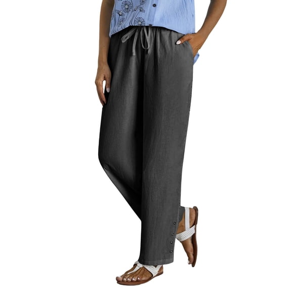 yunLCZ Women's Straight Leg Pants High Wa Womens Casual Linen High Waist Pants Drawstring Loose Fit Summer Pants Trousers With Side Pockets