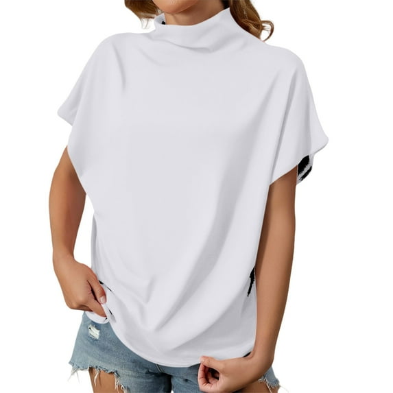 yunLCZ Women's T-shirts Clearance Women's Summer Solid Color High Neck Loose Casual Short Sleeved T Shirt Top Office casual blouse with leggings