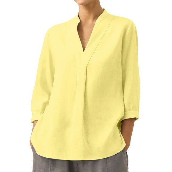 yunLCZ Women's T-shirts Discounted Linen Shirt For Women Summer Cotton And Linen V Neck 3/4 Sleeve Top Loose Holiday Beach Shirt Tunic Top Office casual blouse with leggings
