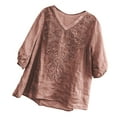 thumbnail image 1 of yunLCZ Women's T-shirts Discounted Linen Shirts For Women Summer 2025 Retro Embroidered 3/4 Sleeve Tops Loose Casual Boho Cute Blouses Trendy Breathable casual blouse loose fit, 1 of 4