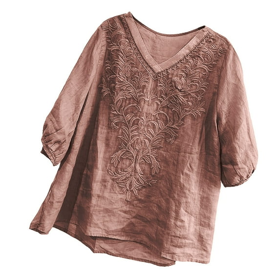 yunLCZ Women's T-shirts Discounted Linen Shirts For Women Summer 2025 Retro Embroidered 3/4 Sleeve Tops Loose Casual Boho Cute Blouses Trendy Breathable casual blouse loose fit