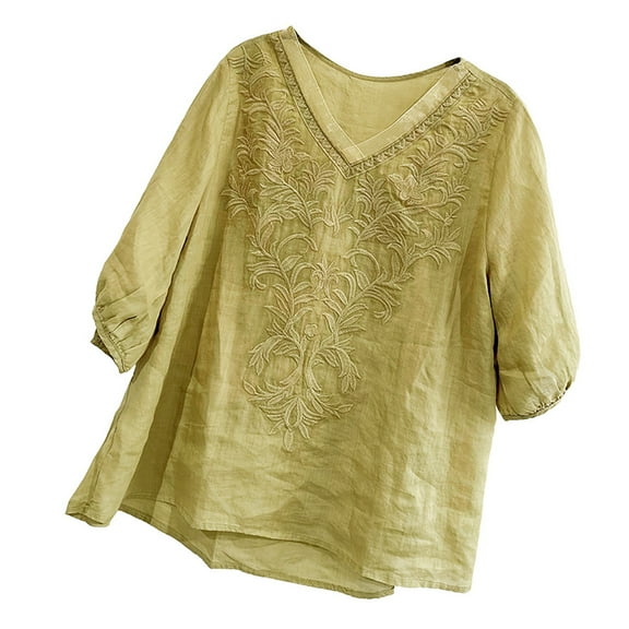 yunLCZ Women's T-shirts Discounted Linen Shirts For Women Summer 2025 Retro Embroidered 3/4 Sleeve Tops Loose Casual Boho Cute Blouses Trendy Office casual blouse with leggings