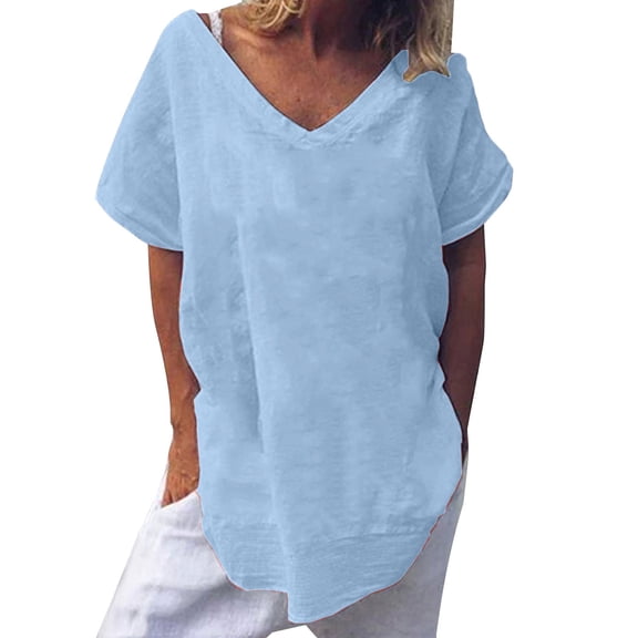 yunLCZ Women's T-shirts Discounted Short Sleeved V Neck Solid Color Cotton And Linen T Shirt Casual Women's Clothing Breathable casual blouse loose fit