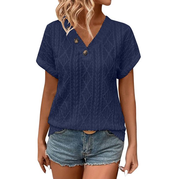 yunLCZ Women's T-shirts Discounted Women's Summer V Neck Button Detail Loose Casual Tops T Shirts For Women Blouse Tees Relaxed Comfort Daily Outfit Everyday wear simple women's T-shirts