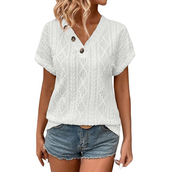 yunLCZ Women's T-shirts Discounted Women's Summer V Neck Button Detail Loose Casual Tops T Shirts For Women Blouse Tees Relaxed Comfort Daily Outfit Summer short sleeve loose fit tunics