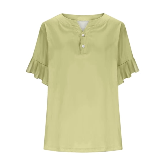yunLCZ Women's T-shirts Discounted Women's Tops Summer Button Solid Women's Top Lace Sleeves Short Sleeves Blouse Tops V Neck T Shirt Everyday wear simple women's T-shirts