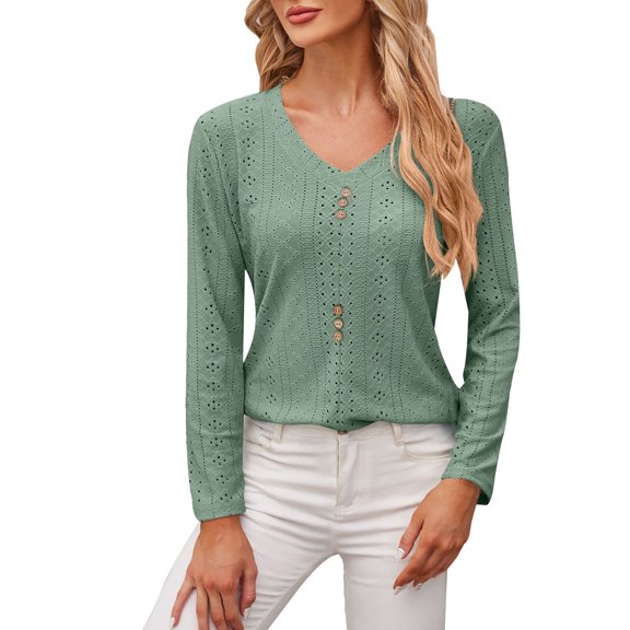 yunLCZ Women's T-shirts Everyday Low Price V Neck Long Sleeved T Shirt Loose Button Top workout form-fitting T-shirts women