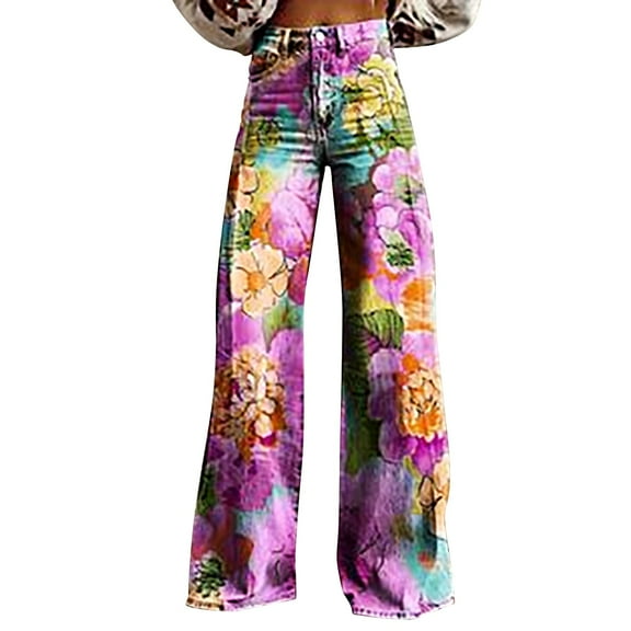 yunLCZ Women's Wide Leg Pants 2025 New Summer Flower Wide Leg Pants Lightweight And Loose Casual Colorful Pants Imitation Jeans Office Slacks