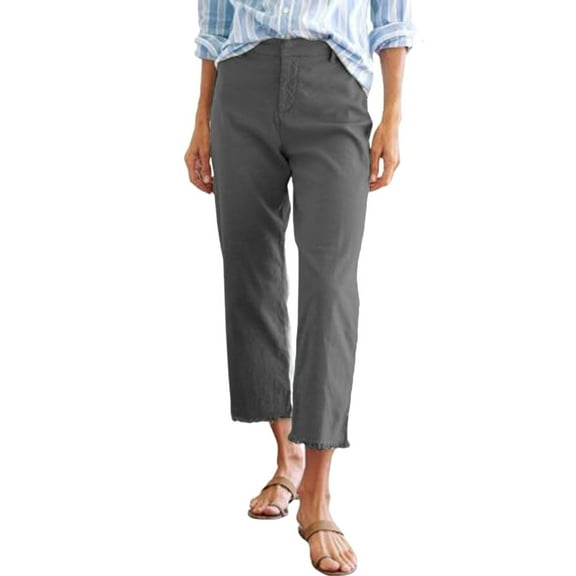 yunLCZ Women's Wide Leg Pants Cropped Linen Pants Women High Waisted Straight Leg Work Pants Business Casual Ankle Pants With Pockets