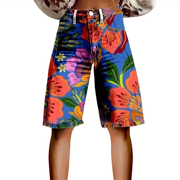 yunLCZ Women's Wide Leg Pants Flare Denim Shorts For Women Wide Leg Denim Shorts Woman Vintage Floral Print High Waisted Straight Stretch Pants With Pockets Office Slacks