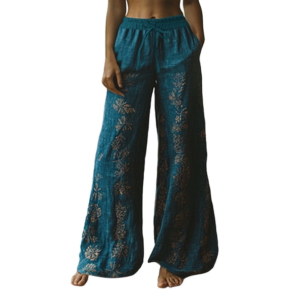 yunLCZ Women's Wide Leg Pants Holiday Style Retro Linen Floral Ethnic Print Casual Pants For Women – Comfortable Relaxed Fit Perfect For Summer Beach And Vacation Wear Business Work Casual Pants