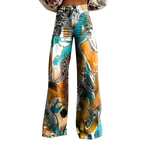 yunLCZ Women's Wide Leg Pants Wide Leg Pants Woman High Waist Floral Patterned Pants Lightweight Loose Fit Casual Colorful Trouser Imitation Jeans Office Slacks
