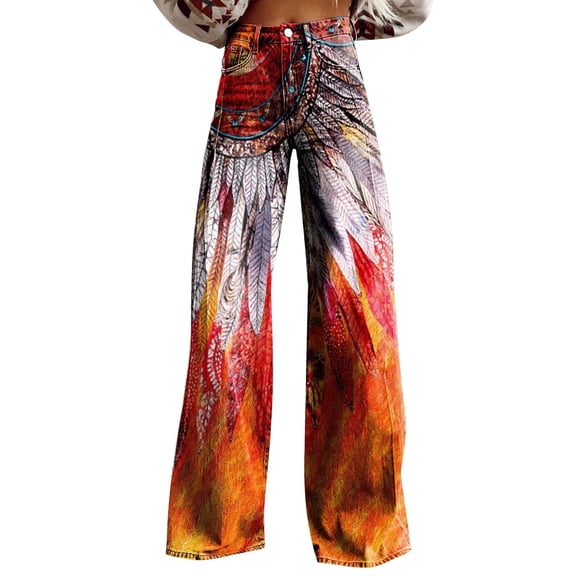 yunLCZ Women's Wide Leg Pants Wide Leg Pants Women's High Waisted Flower Patterned Pants Lightweight And Loose Casual Colorful Pants Heavyweight Pants Office Slacks