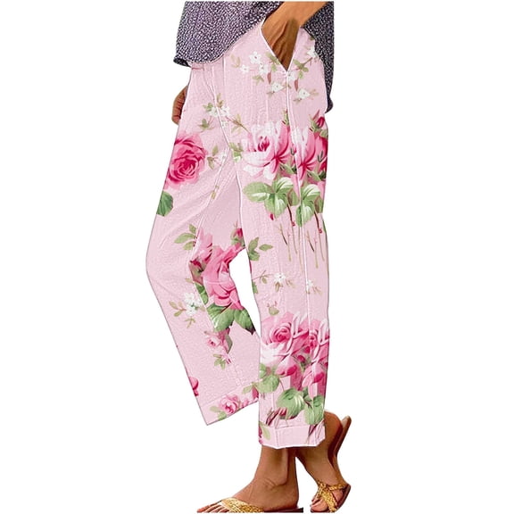 yunLCZ Women's Wide Leg Pants Women Vintage Floral Print Cotton And Linen Pants 9/10 Pants