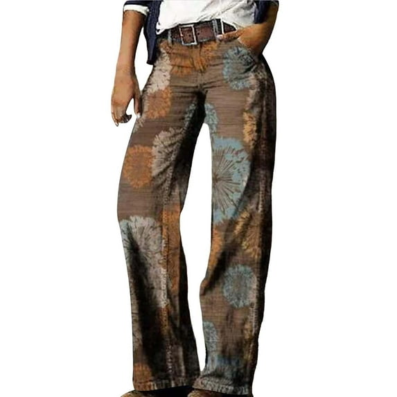 yunLCZ Women's Wide Leg Pants Women's Flare Wide Leg High Waisted Casual Vintage Floral Print Pants Casual Colorful Trouser Business Work Casual Pants