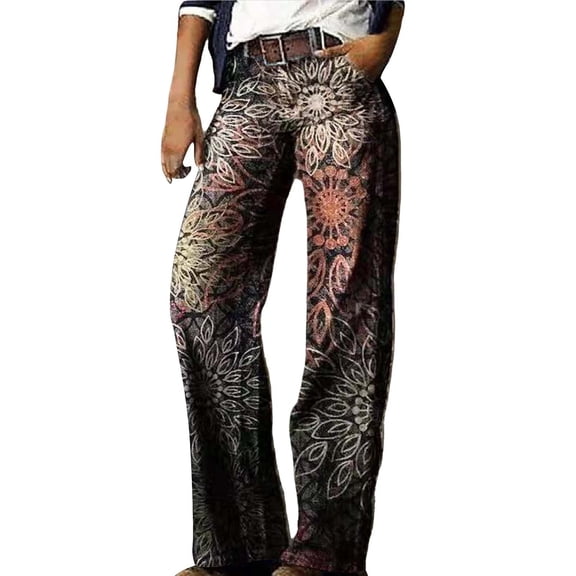 yunLCZ Women's Wide Leg Pants Women's Flare Wide Leg High Waisted Casual Vintage Floral Print Pants Casual Colorful Trouser Business Work Casual Pants