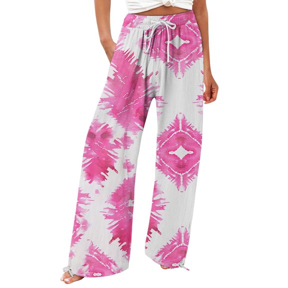yunLCZ Women's Wide Leg Pants Women's Retro Printed Fashionable Drawstring Loose Pants High Waisted Casual Pants Wide Leg Pants