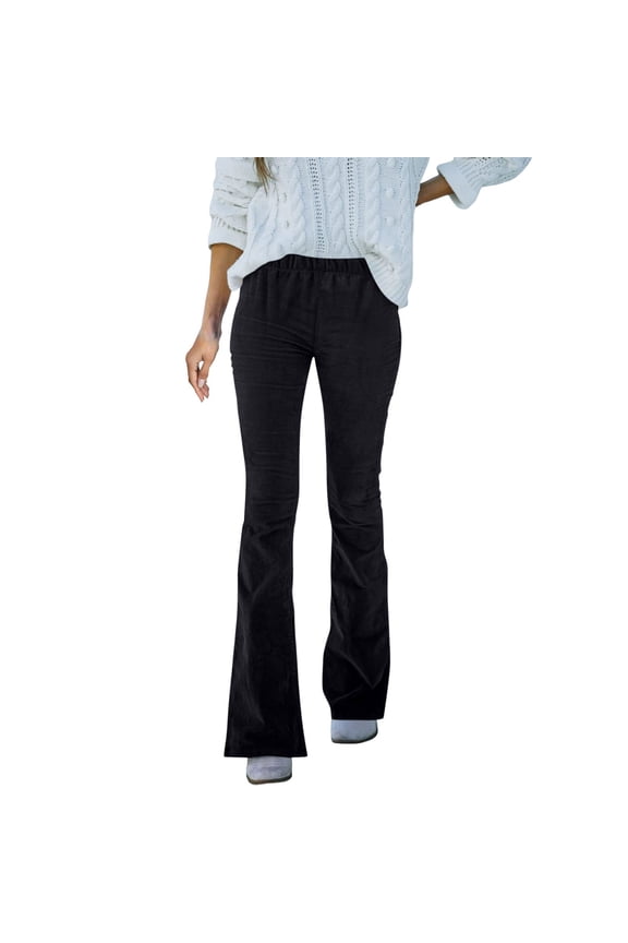 Women's Wide Leg Pants Women's Solid Color High Waisted Slim Fit Flares Corduroy Elasticated Waist Casual Pants
