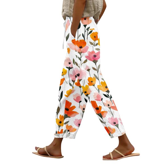 yunLCZ Women's Wide Leg Pants Women's Spring And Summer Casual 3D Printed Back Pocket Cotton And Linen Pants