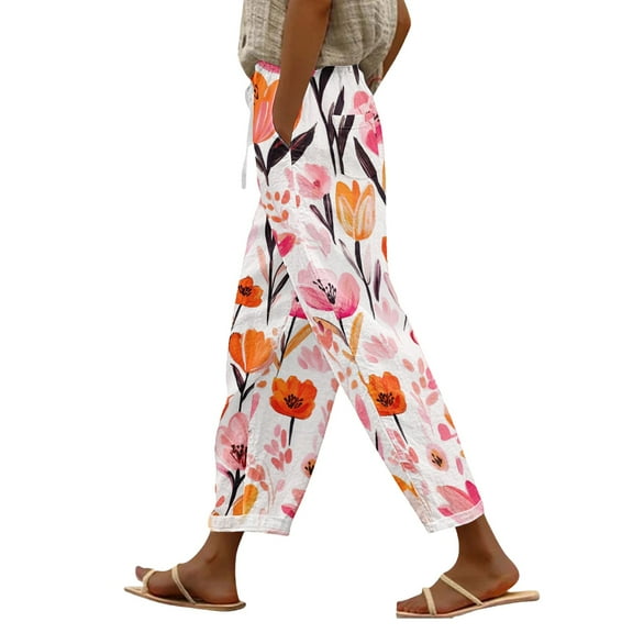 yunLCZ Women's Wide Leg Pants Women's Spring And Summer Casual 3D Printed Back Pocket Cotton And Linen Pants