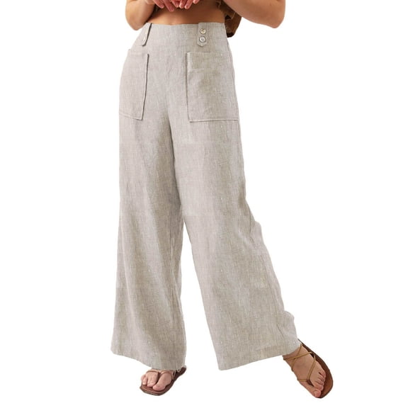 yunLCZ Women's Wide Leg Pants Women's Spring And Summer Cotton And Linen Solid Color Button High Waisted Wide Leg Pants Casual Pants Women's Pants
