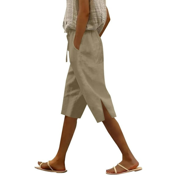 yunLCZ Women's Wide Leg Pants Women's Summer Long Solid Color Cotton And Linen Straight Leg Loose Casual Five Quarter Pants (leg Slit) Business Work Casual Pants