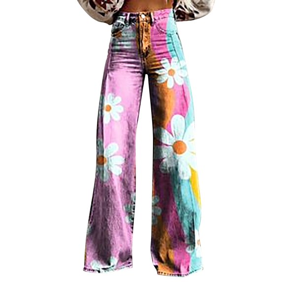 yunLCZ Womens Dress Pants 2025 New Summer Flower Wide Leg Pants Lightweight And Loose Casual Colorful Pants Imitation Jeans Business Work Casual Pants