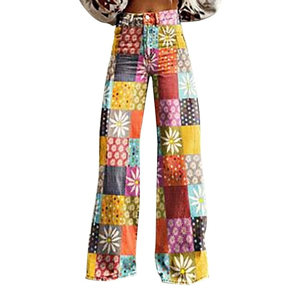 yunLCZ Womens Dress Pants 2025 New Summer Flower Wide Leg Pants Lightweight And Loose Casual Colorful Pants Imitation Jeans Business Work Casual Pants