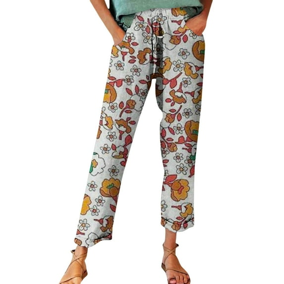 yunLCZ Womens Dress Pants Boho Women's Linen Pants With Petite Summer Beachwear Lightweight Elastic Waist Pants Office Slacks