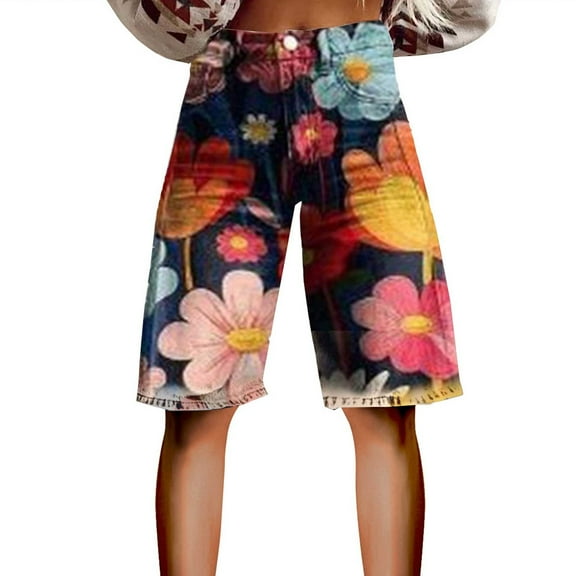 yunLCZ Womens Dress Pants Flare Denim Shorts For Women Wide Leg Denim Shorts Woman Vintage Floral Print High Waisted Straight Stretch Pants With Pockets Business Work Casual Pants