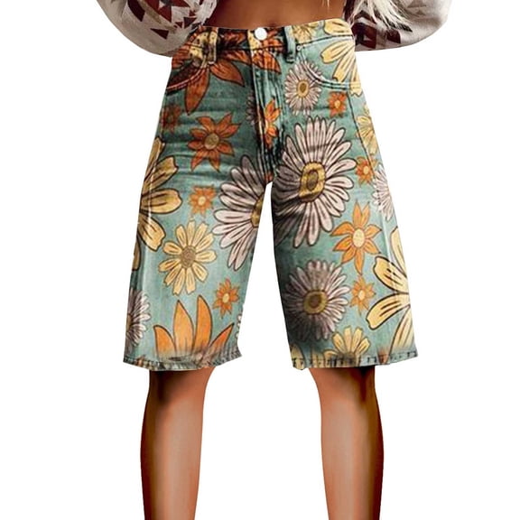 yunLCZ Womens Dress Pants Flare Denim Shorts For Women Wide Leg Denim Shorts Woman Vintage Floral Print High Waisted Straight Stretch Pants With Pockets Office Slacks