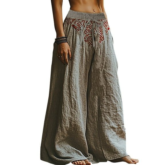 yunLCZ Womens Dress Pants Holiday Style Retro Linen Floral Ethnic Print Casual Pants For Women – Comfortable Relaxed Fit Perfect For Summer Beach And Vacation Wear Office Slacks