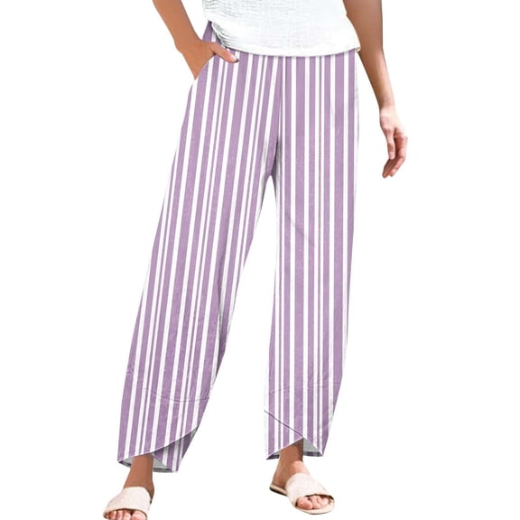 yunLCZ Womens Dress Pants Striped Linen Pants For Women Summer Casual Wide Leg Pants With Pockets Comfy Cropped Palazzo Pants