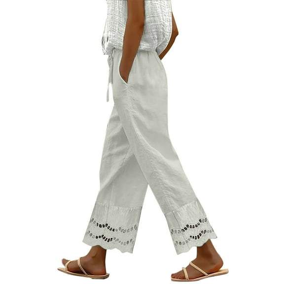 yunLCZ Womens Dress Pants Summer 2025 New Women's Casual Loose Fitting Waist And Ankle Patchwork Lace Cotton And Linen Pants