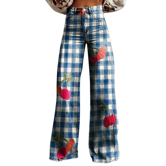 yunLCZ Womens Dress Pants Wide Leg Pants Woman High Waist Floral Patterned Pants Lightweight Loose Fit Casual Colorful Trouser Imitation Jeans Business Work Casual Pants