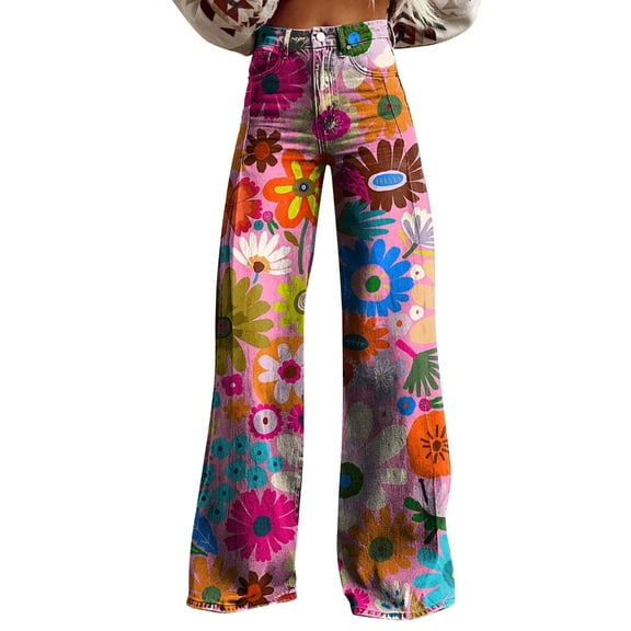 yunLCZ Womens Dress Pants Wide Leg Pants Woman High Waist Floral Patterned Pants Lightweight Loose Fit Casual Colorful Trouser Imitation Jeans Office Slacks