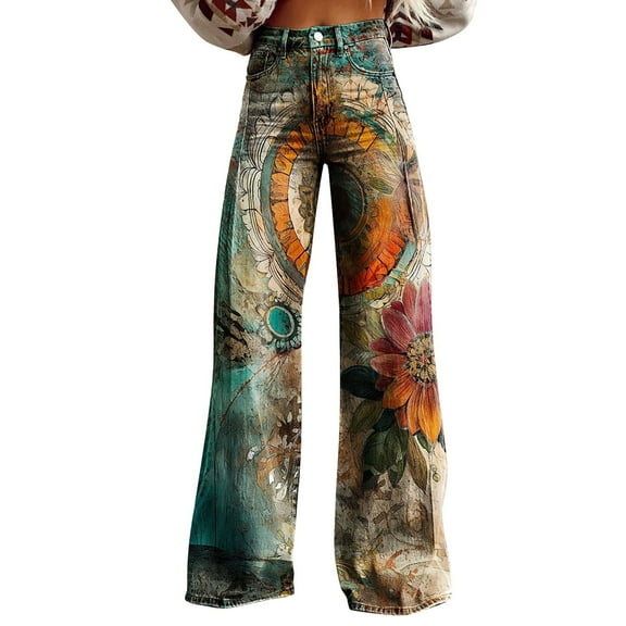 yunLCZ Womens Dress Pants Wide Leg Pants Woman High Waist Floral Patterned Pants Lightweight Loose Fit Casual Colorful Trouser Imitation Jeans Office Slacks