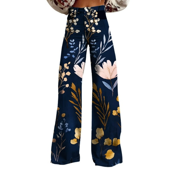 yunLCZ Womens Dress Pants Wide Leg Pants Woman High Waist Floral Patterned Pants Lightweight Loose Fit Casual Colorful Trouser Imitation Jeans