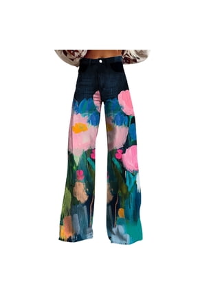 Womens Dress Pants Wide Leg Pants Woman High Waist Floral Patterned Pants Lightweight Loose Fit Casual Colorful Trouser Imitation Jeans