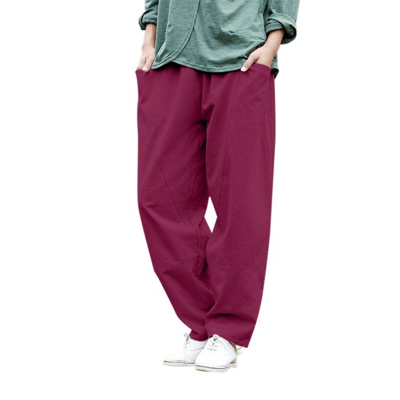 yunLCZ Womens Dress Pants Women's Casual Cotton Linen Baggy Pants With Elastic Waist Relax Fit Trouser