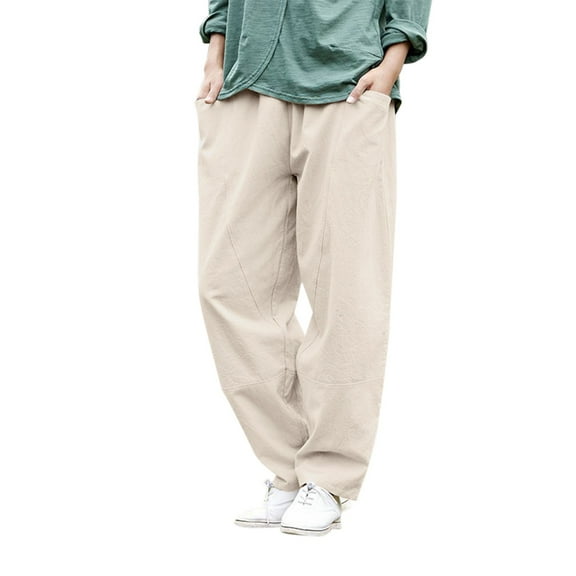 yunLCZ Womens Dress Pants Women's Casual Cotton Linen Baggy Pants With Elastic Waist Relax Fit Trouser