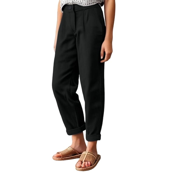 yunLCZ Womens Dress Pants Women's Cotton And Linen Loose Solid Color Elastic Waist Pocket Zipper Straight Leg Casual Pants