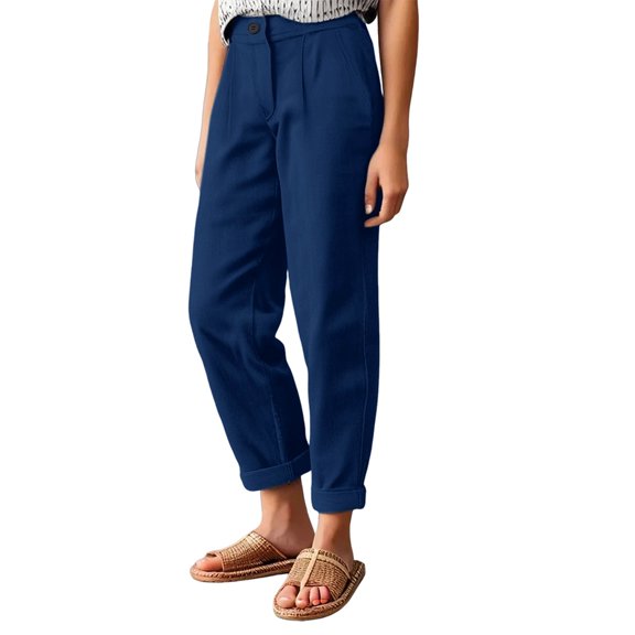 yunLCZ Womens Dress Pants Women's Cotton And Linen Loose Solid Color Elastic Waist Pocket Zipper Straight Leg Casual Pants