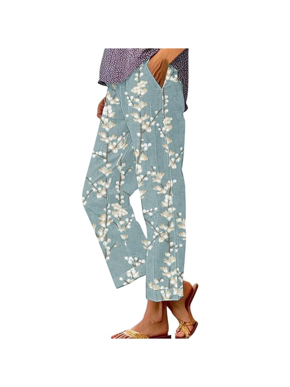 Womens Dress Pants Women's Linen Printed Fashionable Simple Casual Loose Pants