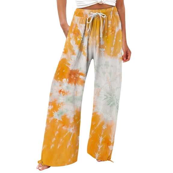 yunLCZ Womens Dress Pants Women's Retro Printed Fashionable Drawstring Loose Pants High Waisted Casual Pants Wide Leg Pants