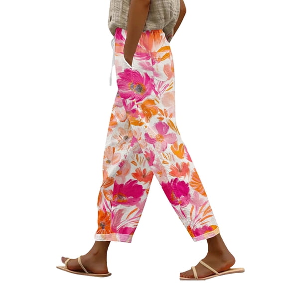 yunLCZ Womens Dress Pants Women's Spring And Summer Casual 3D Printed Back Pocket Cotton And Linen Pants