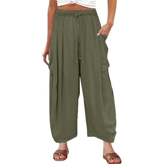 yunLCZ Womens Dress Pants Womens Elastic Waisted Pleated High Waisted Wide Leg Pants Loose Casual Cotton And Linen Cropped Pants Beach Casual Pants