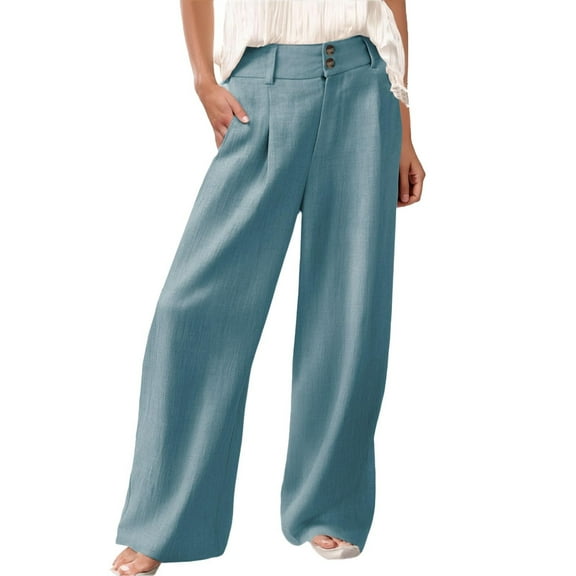 yunLCZ Womens Dress Pants Womens Linen Pants Casual Loose Wide Leg Pants For Women Elastic Waist Palazzo Pants Trousers With Pockets Office Slacks